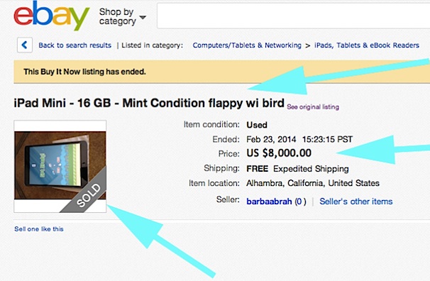 iPad Mini с Flappy Bird продан на Ebay за $8 тыс.